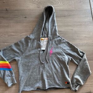 Aviator Nation Gray Crop Hoodie with Rainbow Stripes and Pink Lightning Bolt